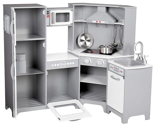 Amazon Basics Kids Corner Wooden Kitchen Toy Playset with Stove, Oven, Sink, Fridge and Accessories, for Toddlers, Preschoolers, Children Age 3+ Years, White & Gray, 39.37"L x 28.35"W x 35.04"H thumbnail 4