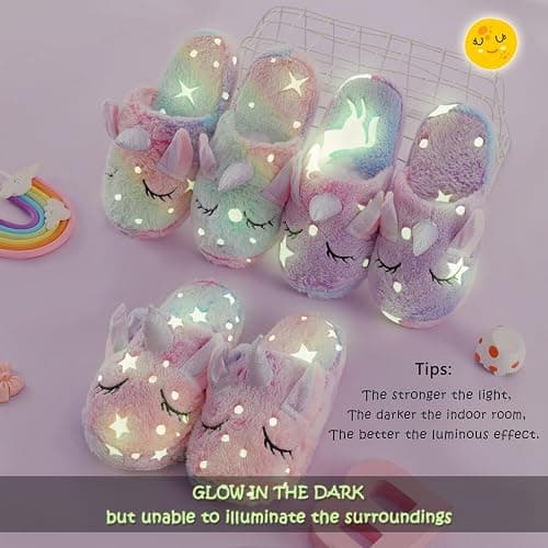HIBCIGA Kids Fuzzy Slippers for Girls Boys Unicorn Glow in the Dark Plush Fleece Warm Indoor Shoes thumbnail 6
