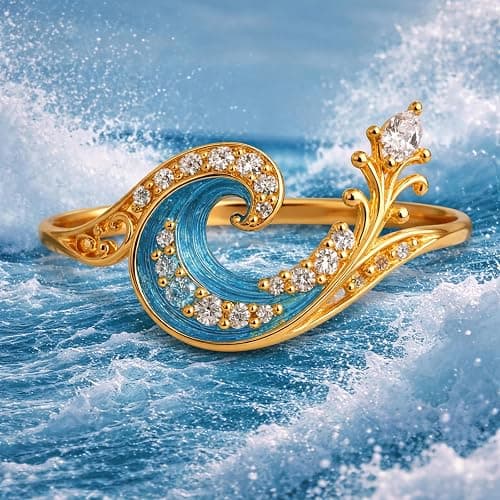 Blue Ocean Wave Ring for Women, 18K Gold Plated Wave Ring with CZ, Mermaid Coastal Jewelry Gift for Her, Sea Inspired Gold Ring, Summer Beach Aesthetic Jewelry thumbnail 3