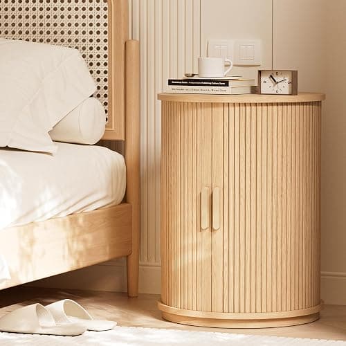 INNOD Side Table with Storage for Living Room, Round End Table with Sliding Tambour Door, Wood Night Stand Nightstand Bedside Table for Bedroom, Small Round Side Table, Mid Century Modern, Light Oak thumbnail 3