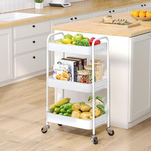 TOOLF 3-Tier Rolling Cart - Metal Utility Storage Organizer with Lockable Wheels, 33 lbs Per Shelf, Tool-Free 5-Min Assembly, for Kitchen Bathroom Office Nursery Craft Room, White thumbnail 7