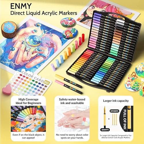 ENMY 60 Colors Direct Liquid Acrylic Paint Markers, Brush Tip, For kids and adults, Water-Based Juicy paint pens,No Bleed, Works on Glass, figure, Canvas, Metal, model, Ceramic thumbnail 2