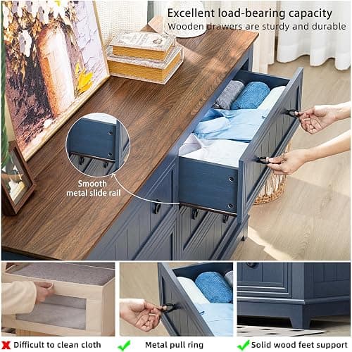 Joaxswe 6 Drawers Dresser for Bedroom, Farmhouse 54 Inch Wide Wood Dresser Chest of Drawers, Vintage Design TV Stand, Rustic Storage Dressers Organizer for Bedroom, Living Room, Hallway - Navy Blue thumbnail 7