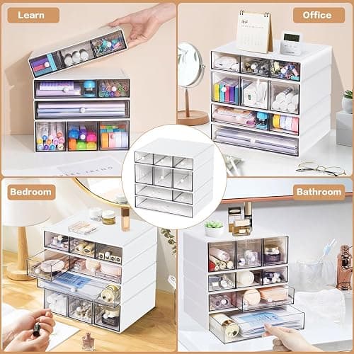 FODIENS Desk Storage Organizer with 9 Drawers, 4 Tiers Stackable Desktop Craft Storage Drawers, Clear Storage Box Caddy for Stationary Makeup Jewelry Office Craft Supplies (White) thumbnail 6