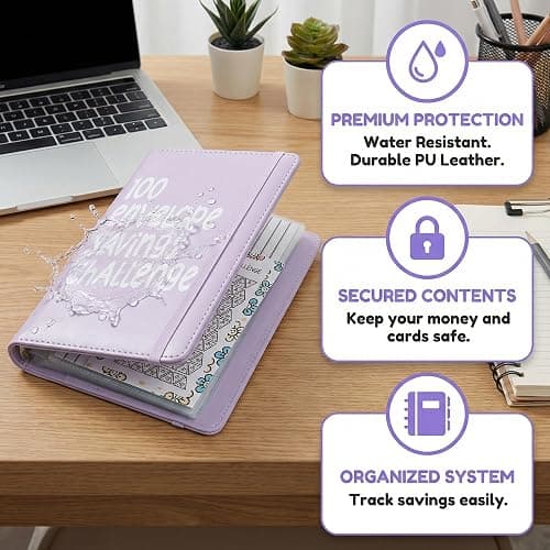 2Pcs 100 Envelopes Money Saving Challenge, Motivational Savings Challenge Binder, Durable Cash Organizer with Inspiring Quotes, Savings Challenges Book to Plan and Save $5,050(Pink+purple) thumbnail 3