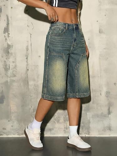 EMMIOL Womens Long Jorts Baggy Y2K Mid High Waisted Retro Jean Shorts Trendy Streetwear Wide Leg Denim Bermudas thumbnail 4