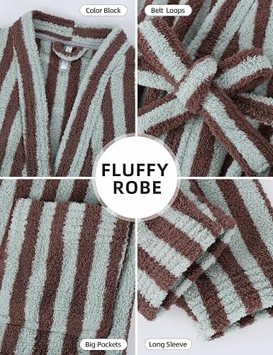 Arssm Womens Striped Fluffy Robe Long Plush Bathrobes Fuzzy Warm Cozy Thick Loungewear Maxi Robe thumbnail 7