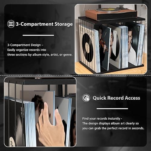 Emfogo Vinyl Record Storage, Metal & Wooden Vinyl Record Holder Up to 80 Album, 3-Compartment Record Player Stand for Magazine, Book, Files, Albums (Black) thumbnail 5