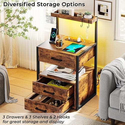 Nightstand with Charging Station and LED Lights, LED Night Stand with 2 USB Ports and 2 AC Outlets, Modern End Table with 3 Drawers, Bedside Table with Open Storage for Bedroom, Rustic Brown thumbnail 4