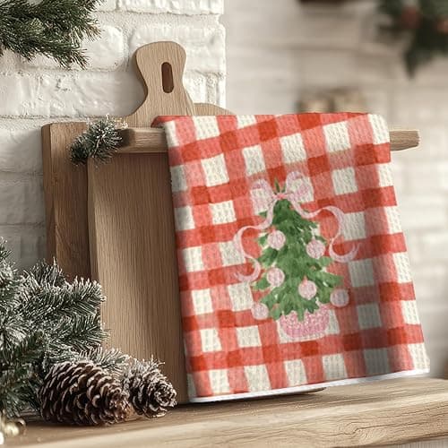 JINYO Red Buffalo Plaid Chinoiserie Christmas Kitchen Towels, Coquette Pink Bow Christmas Tree Decorative Hand Towels for Bathroom Kitchen, Grandmillennial Xmas Dish Tea Towel, 16x24 Inch thumbnail 5