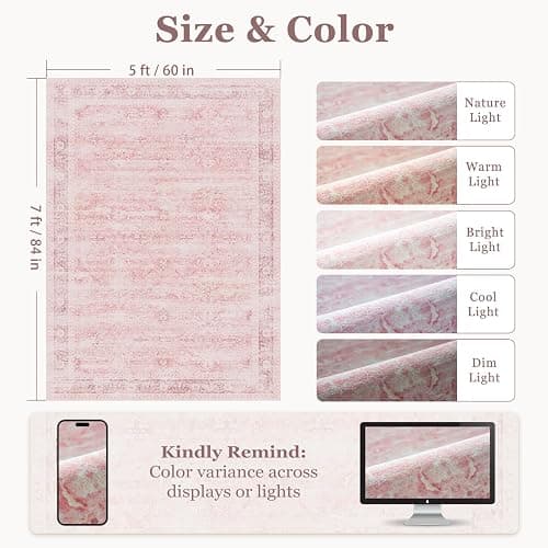 Jainmy 5x7 Pink Rug for Nursery, Thin Washable Rugs for Kids Room Playroom, Distressed Aesthetic Area Rugs for Bedroom Girls Dorm Romantic, Non Slip Carpet Rug for Living Room Dining Room Home Office thumbnail 2