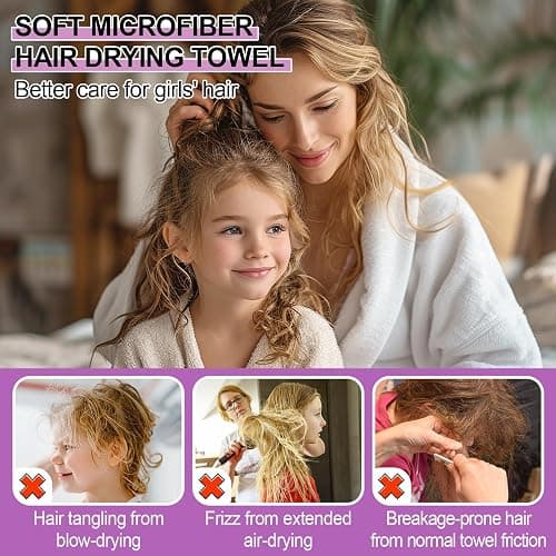 Microfiber Hair Towel for Kids Gifts - Soft Super Absorbent Rapid Drying Hair Towel Wrap Turban for Girls Women with Button, Anti-Frizz for Thicker Curly Long Hair, 3Pack thumbnail 4