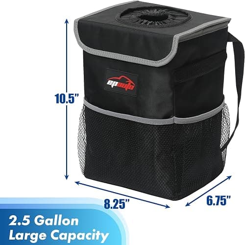 EPAuto Waterproof Car Trash Can with Lid and Storage Pockets, 2.5 Gallon, Black thumbnail 2