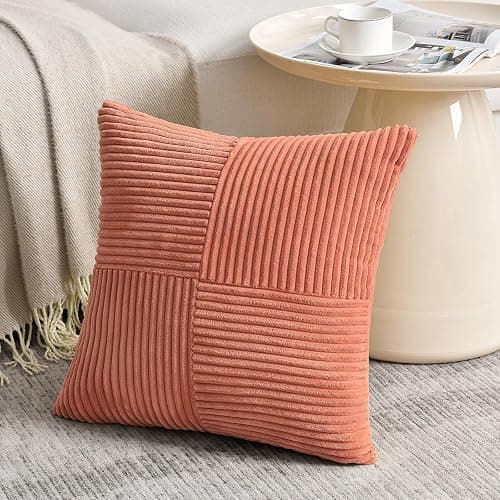 Fancy Homi 2 Packs Coral Decorative Throw Pillow Covers 18x18 Inch for Living Room Couch Bed, Rustic Farmhouse Boho Home Decor, Soft Corss Corduroy Patchwork Textured Peach Cushion Case 45x45 cm thumbnail 2