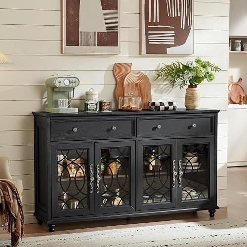 Joaxswe Farmhouse Sideboard Buffet Cabinet with Storage,59" Large Credenza with 4 Glass Doors & 2 Drawers,Adjustable Shelves Console Table,Wood Kitchen Coffee Bar for Dining Room,Living Room,Black thumbnail 8