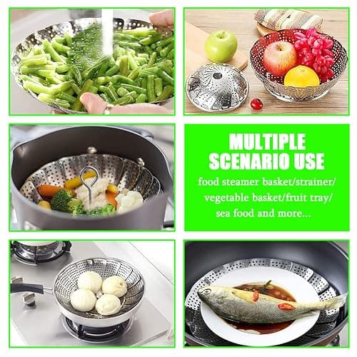Steamer Basket Stainless Steel Vegetable Basket Metal Handle Folding Silicone Feet Steamer Insert for Cooking Veggies Fish Seafood Include Safety Tool,Fit Various Pot Pressure Cooker (5.3" to 9") thumbnail 5