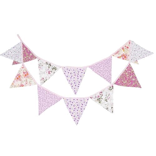 LOVENJOY Pink Floral 100% Cotton Bunting Banner for Girls Shabby Chic Wedding Birthday Decoration - Image 1