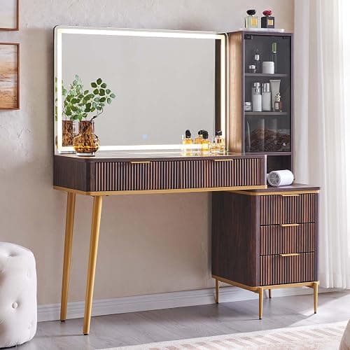 T4TREAM Fluted Makeup Vanity Desk with 36" HD Lighted Mirror, 48" Big Modern Vanity Desk with Mirror and Lights, Dressing Table with 5 Drawers & Shelves, Glass Top for Bedroom, Dark Walnut - Image 1