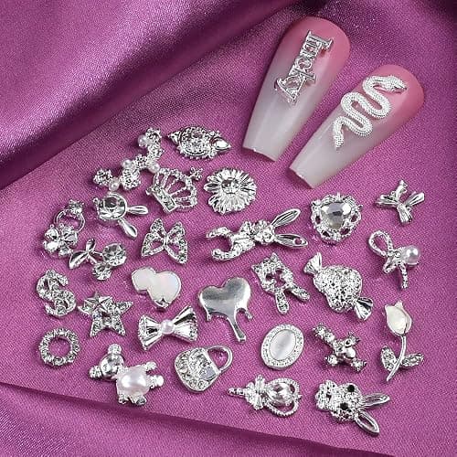 30 Stück Luxus Zirkon Nagel Charms 3D Legierung Nailart Anhänger Silber Nail Art Metall Schmuck Strasssteine für Schmetterling Herz Schlange Blume Glitzersteine Zubehör thumbnail 2