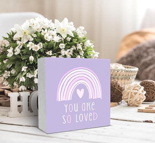 SRADMO You Are So Loved Rainbow Heart Wood Box Sign Desk Decor, Purple Kids Inspirational Quotes Wooden Block Box Sign Decoration for Kids Room Nursery Playroom Shelf Table Decorative Accessories thumbnail 2