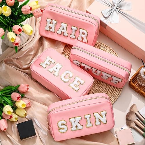 Remerry 4 PCS Nylon Cosmetic Bags Waterproof Spacious Travel Makeup Organizer for Women Chenille Letter Preppy Zipper Pouch Face Stuff Skin Hair Organizer Gift(Pink) thumbnail 2