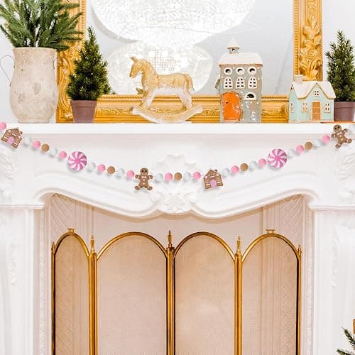 JarThenaAMCS 8.2Ft Christmas Felt Banner Cute Gingerbread Man Candy House Hanging Garland Pink Brown White Pom Ball Banner for Xmas Holiday Home Mantel Wall Decor thumbnail 4