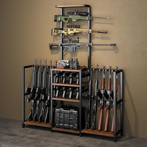 Saudism 68" Tall Gun Rack, Indoor Gun Racks for Floor Standing Gun Display Stand, Rustic Wooden Gun Stand with Soft Padding and Pistol Holder, Holds up 13 Long Guns and 8 Handguns thumbnail 9