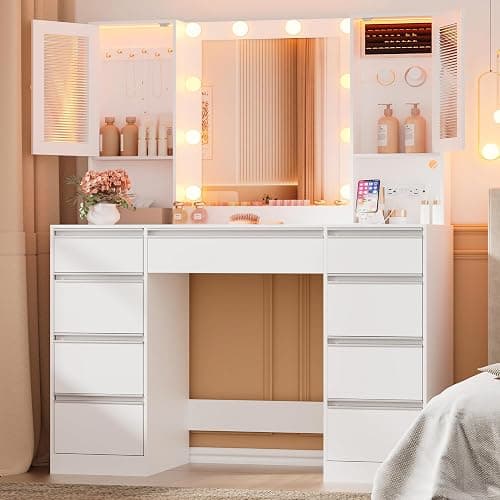 ERLEJIA Vanity Desk with Mirror and Lights, 42.52" 9 Drawer Makeup Table with 2 RGB Lighting Cabinets and Power Outlet for Girls and Ladies Bedroom, White thumbnail 8