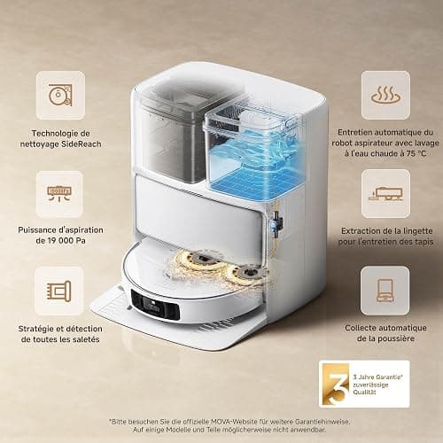 MOVA P50 Pro Ultra Robot aspirateur avec lingette adaptative, puissance d'aspiration de 19 000 Pa avec brosse anti-enchevêtrement, nettoyage automatique de la lingette et de la plaque de lavage à 75°C thumbnail 9