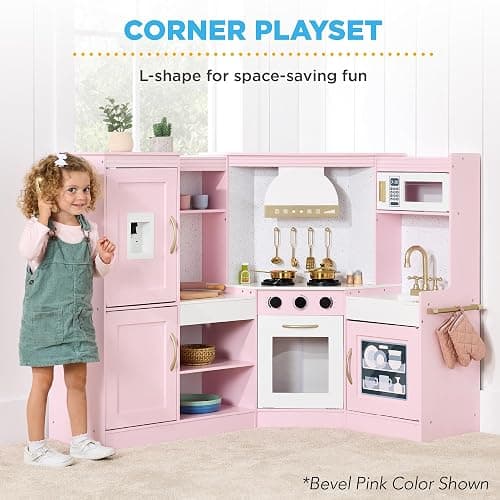 Best Choice Products Pretend Play Corner Kitchen, Ultimate Interactive Wooden Kids Playset w/Lights & Sounds, Ice Maker, Hood - Pink thumbnail 3