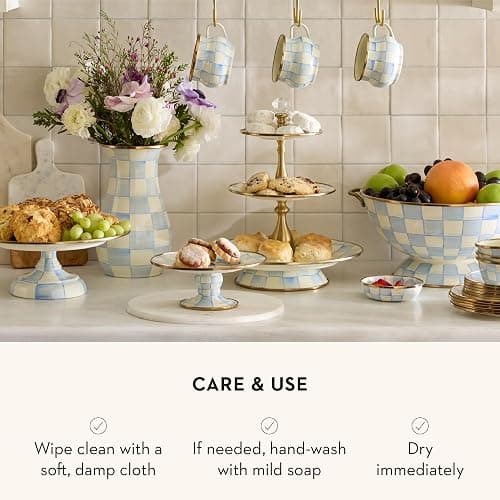 MACKENZIE-CHILDS Enamel Pedestal Platter, Round Cake Stand, Small, 12 Inches, Light-Blue-and-White Sky Check thumbnail 5