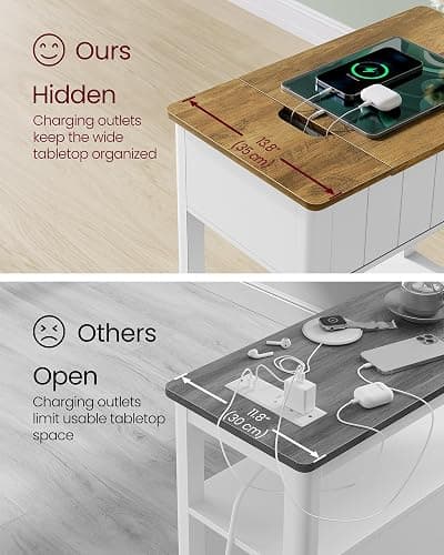 VASAGLE Side Table with Charging Station, End Table with USB Ports and Outlets, Nightstand with Storage, for Living Room, Bedroom, Modern Farmhouse Style, Rustic Walnut and White ULET318T14V1 - Rustic Walnut + White thumbnail 6
