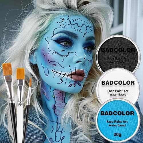 White Black & Light Blue Sally Makeup Face Body Paint, Corpse Bride Face Painting Kit with Painting Brushes for Halloween, Water Based Face Paints for Smurf Avatar Mermaid & Demon SFX Costume Make-Up thumbnail 6