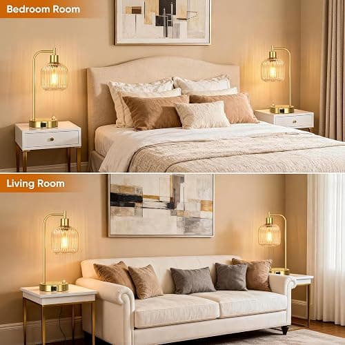 QiMH Industrial Table Lamp for Bedroom Set of 2, Clear Glass Beside Lamp with USB A&C Ports, Stepless Dimmable Gold Lamps, Nightstand Lamps for Living Room, Office, Home Decor(Bulb Included) thumbnail 7
