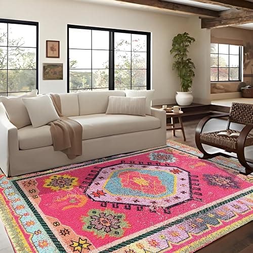 5x7ft Area Rugs Living Room Rug Pink Washable Vintage Boho Rug No Slip Stain Resistant Carpet Floor Carpets for Bedroom Dining Room Farmhouse Hallway Home Office - Image 1