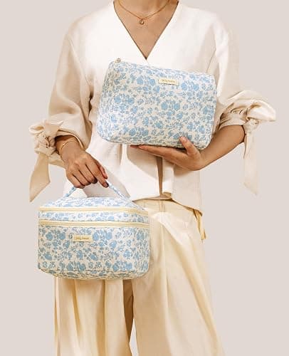 HBselect 2Pcs Travel Makeup Bag, Large Cotton Quilted Makeup Bag Cosmetic Bag Cute Make up Bag Toiletry Bags for Women Girls thumbnail 7