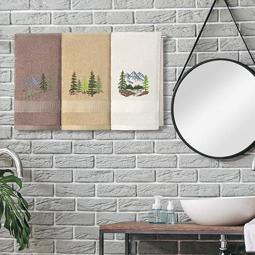 Hillsuren 3 Pcs Mountain Hand Towels Farmhouse Decorative Bathroom Towels Set 13.3 x 29.5'' Rustic Pine Trees Country Cabin Lake House Forest Embroidered 100% Cotton for Home Bathroom Kitchen Decor thumbnail 2
