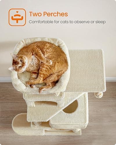 Feandrea Cat Tree, 59.5-Inch Tall Cat Tower, Plush Multi-Level Condo with 5 Scratching Posts, 2 Perches, 2 Caves, Hammock, 2 Pompoms, Beige UPCT192M01 thumbnail 4