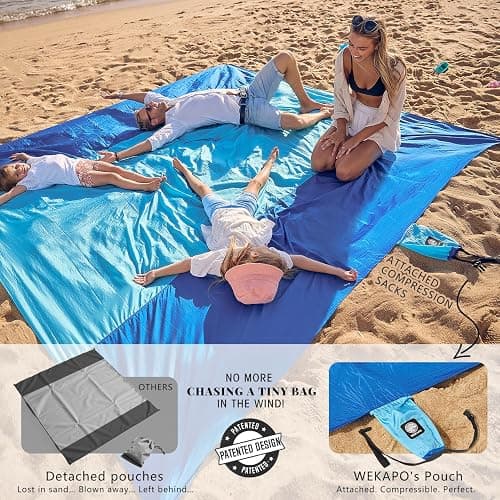 WEKAPO Beach Blanket Sandproof Waterproof, Extra Large Beach Mat, Oversized & Compact Sand Free Mat Quick Drying, Lightweight & Durable with Stakes & Corner Pockets thumbnail 3