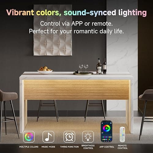 63" Large Island Table for Kitchen with Charging Station,Faux Marble Wooden Dining Table for 4-6 People,Modern Luxury Kitchen Island with Multi-Color LED Mood Lighting & Stylish Grill Design thumbnail 4