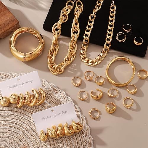 IFKM 36 PC Gold Plated Jewelry Set with 4 Necklace, 11 Bracelet, 7 Ear Cuffs Earring, 14 Knuckle Rings for Women Girls Valentine Anniversary Birthday Friendship Gift thumbnail 8