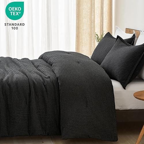 PHF Ultra Soft Waffle Weave Comforter Set King Size, 3 Pieces Lightweight Breathable Comfy Bedding Set, Comfy Textured 1 Comforter with 2 Pillow Shams, Black thumbnail 6