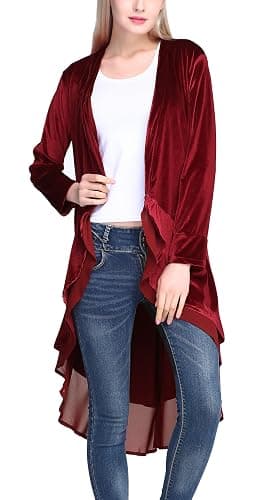 Urban CoCo Women's Long Sleeve Velvet Cardigan Coat with Asymmetric Chiffon Hem thumbnail 4