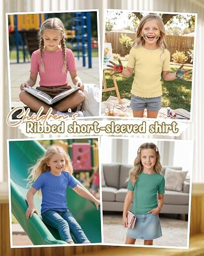 LessonZoo 4 Pack Girls Short Sleeve Tops Ribbed Cotton Lettuce Trim T Shirts Crew Neck Cute Basic Tees for Kids Teen 5-14Y thumbnail 2