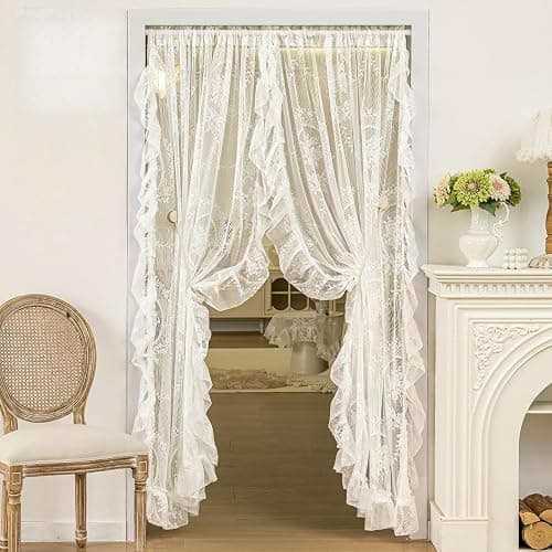 UNISTAR Lace Sheer Door Curtains with Rod Doorway Curtain for Closet Ratio | Lace Sheer Door Curtains with Rod, Luxury Doorway Curtain Living Room Divider for Closet Ratio Rod Pocket 55W x 80L in,White - Image 1