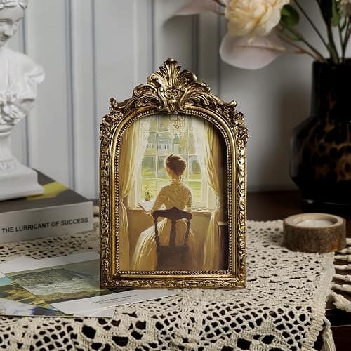 Cuspin Vintage 4x6 Picture Frame, Gold Ornate Resin Frames with Plexiglass Front for Tabletop and Wall Mounting, Antique Arched Photo Frame for Home Office Decor thumbnail 2