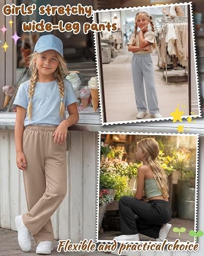 LessonZoo 3 Pack Girls Wide Leg Baggy Lightweight Sweatpants | Straight Leg Pull on Joggers, Open Bottom Pants with Pocket, Elastic Waist Stretchy Pant for School and Daily Wear, Ages 5-14 thumbnail 4