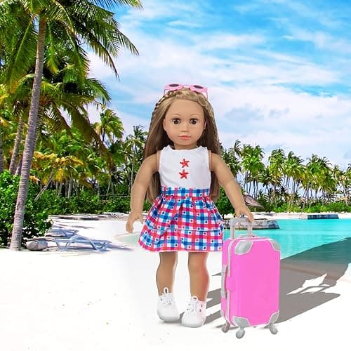ZQDOLL American 18 inch Doll Clothes and Accessories - Travel Suitcase Play Set Including Suitcase Clothes, Shoes, Sunglasses, Camera, Unicorn Pillow, for 18 inch Doll(No Dolls) thumbnail 7