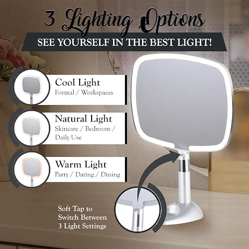 MIRRORVANA Lighted Travel Handheld Mirror - 2-in-1 Table & Hand Mirror with 3 Lighting Modes, Detachable Stand, and Comfy Handle for Make Up & Skin Care Application - 13" x 9" (Shiny Silver) - Silver thumbnail 2