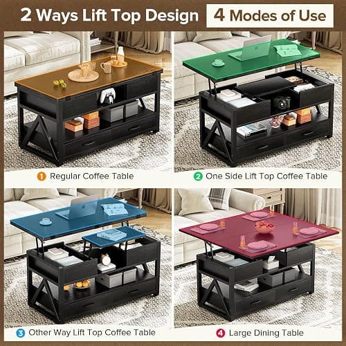 Memobarco 40" Lift Top Coffee Table,4 in 1 Multi-Function Lift Coffee Tables with Storage Drawers and Hidden Compartmen,Farmhouse Coffee Table with Lifting top for Living Room,Black thumbnail 3